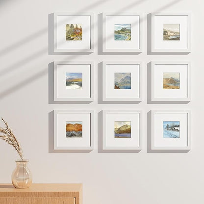 Vittanly 8x8 Picture Frames Set of 9, Shatter Resistant Plexiglass, Display 4x4 Pictures with Mat or 8x8 without Mat, Photo Frames for Wall Mount, Engineered Wood, White