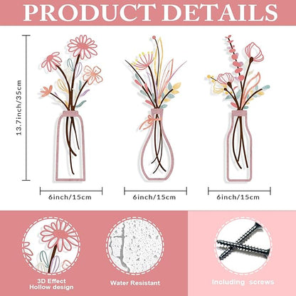 Pigort 3 Pieces Metal Flowers Wall Arts - Rustic Farmhouse Style Décor Metal Wall Art Black Minimalist Flower Natural Themed Wall Decors for Home Bedroom Dining Room Housewarming (Pinkish)