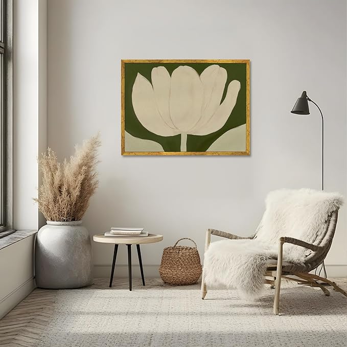 Large Gold Framed White Tulip Canvas Poster Green Modern Botanical Wall Art Elegant Floral Horizontal Boho Painting Prints Retro Stylish Flower Pictures Artwork Aesthetic Wall Decor 24x36inch
