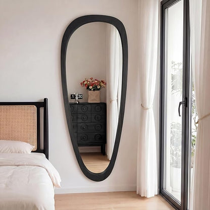 60''x22'' Asymmetrical Mirror with Black Wood Frame, Small Irregular Wavy Wall Mirror, Odd Shaped Mid Century Modern Mirror Decor for Bedroom Living Room Entryway Hall