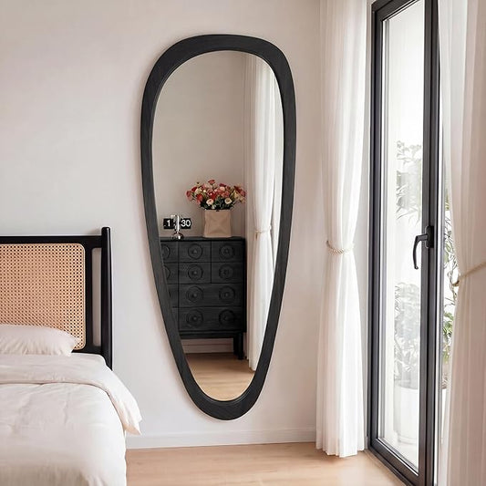 60''x22'' Asymmetrical Mirror with Black Wood Frame, Small Irregular Wavy Wall Mirror, Odd Shaped Mid Century Modern Mirror Decor for Bedroom Living Room Entryway Hall