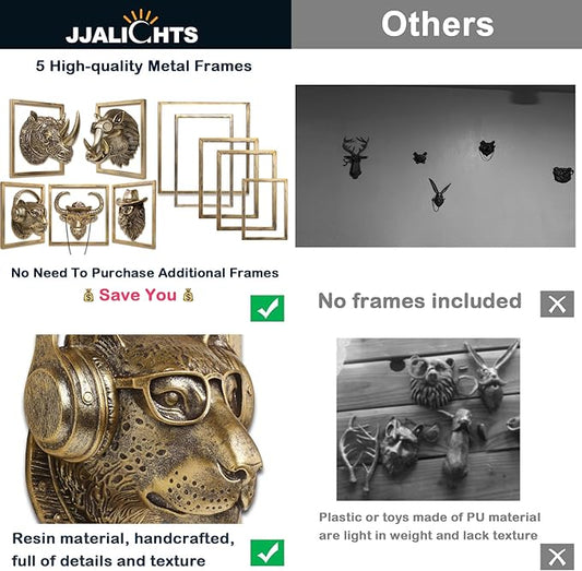 JJALIGHTS Exquisite Resin Animal Head Wall Sculpture (Gift Metal Frame) - Imitation Copper Vintage Decor for Living Room, Bedroom & Office | Decorative Wall Hanging Art