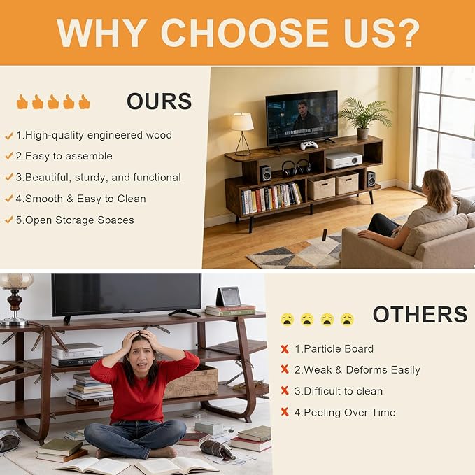 Lightdot 55 Inch TV Stand, up to 65 Inch TVs, Large Storage for Collection with 6 Open Shelves, Sturdy Media Console Table for Living Room/Entrance/Kitchen/Sofa Cabinet, Easy Assembly, Amber