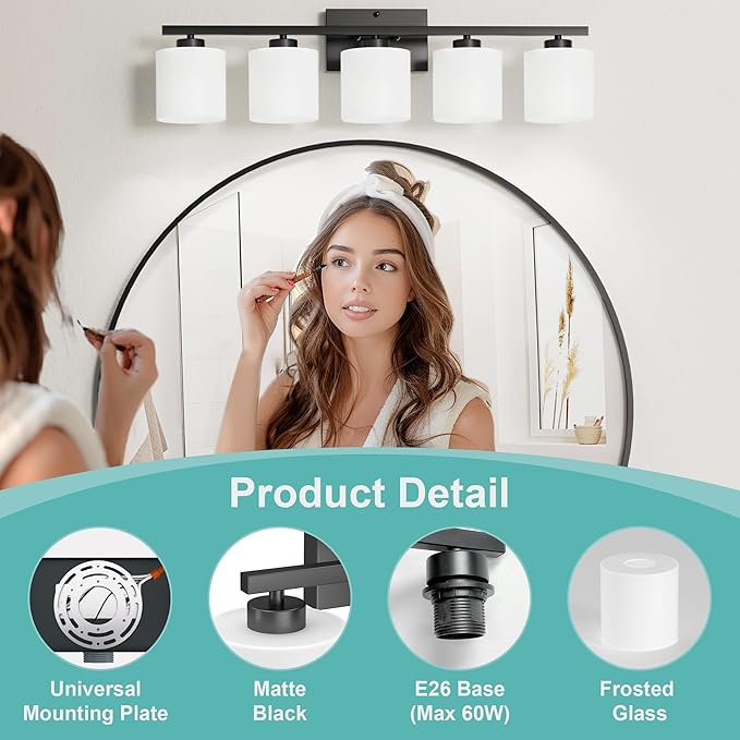 Honesorn 5-Light Vanity Lights, Matte Black with Frosted Shade & Anti-Rust Nickel Finish, Modern Bathroom Over Mirror Light Fixtures