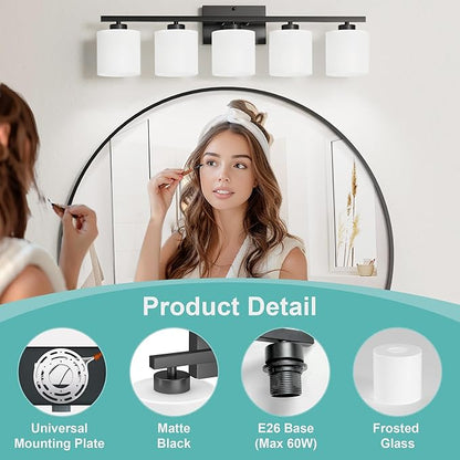 Honesorn 5-Light Vanity Lights, Matte Black with Frosted Shade & Anti-Rust Nickel Finish, Modern Bathroom Over Mirror Light Fixtures