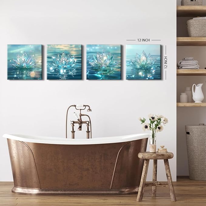 Lotus Flower Wall Art Teal Bathroom Wall Decor Zen Picture for Walls Canvas Prints Paintings Spiritual Meditation Wall Decor Turquoise Water Flowers Poster Yoga Room Artwork Decorations 12x12" 4Pcs