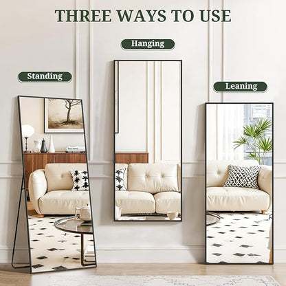 Mirror Full Length 56"x21" Full Body Floor Mirror with Stand, Shatterproof Glass, Aluminum Alloy Frame, Free Standing Wall Mounted or Leaning Rectangle Mirrors for Bedroom Living Room Entryway