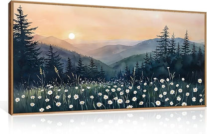 KAIRNE Mountain Floral Landscape Framed Canvas Wall Art Set,Watercolor Forest Wall Decor,Misty Pine Tree Art Prints,Nature Sunset Scenery Artwork for Living Room,Bedroom,Farmhouse,Office-40 x20 x1