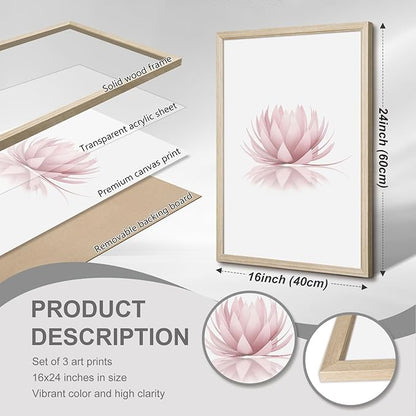 Inhale Exhale Wall Art Zen Canvas Decor Yoga Lotus Wall Art Calming Meditation Artwork Pink Yoga Poster Zen Pictures Painting for Living Room Bedroom 16x24 Inch Wood Framed Set of 3