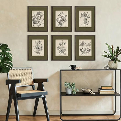 Vintage Floral Wall Art Sketch Flower Prints Antique Botanical Canvas Wall Art Decor Vintage Etchings Floral Poster Green Botanical Painting Sage Green Artwork for Bedroom 12x16x6 Inch Wood Framed