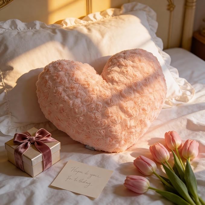 16" Blush Nude Heart Pillow, Luxury 600GSM Rose Textured Faux Rabbit Fur, Soft Apricot Aesthetic Decorative Throw Pillow for Couch Bed, Healing Neutral Pink Heart Cushion Decor