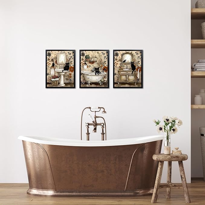 sechars Vintage Bathroom Wall Art Black Cats Painting Pictures Framed Bathroom Decor Canvas Print