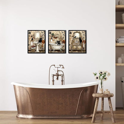 sechars Vintage Bathroom Wall Art Black Cats Painting Pictures Framed Bathroom Decor Canvas Print