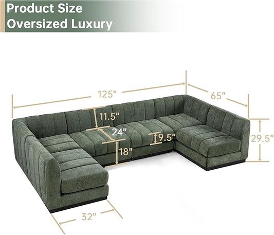 Morden Fort 6-Seater U-Shaped Modular Sectional Sofa, Large Deep Seat Chenille Couch for Living Room, Modern Modular Corner Sofa with High-Density Foam Cushions, Family Couch, Green