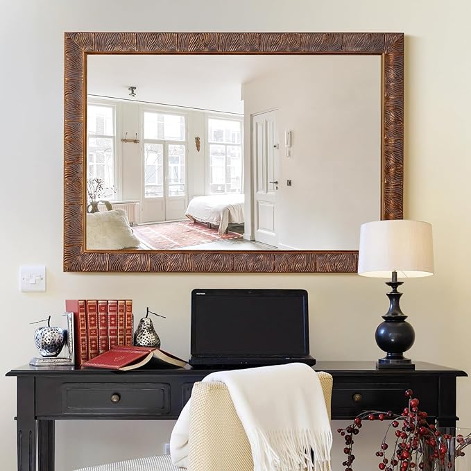 Chende Vintage Mirrors for Wall, 41'' x 29'' Bathroom Mirror with Feather Line Carving Wooden Frame, Retro Bronze Mirror for Living Room, Dining Room, Entryway