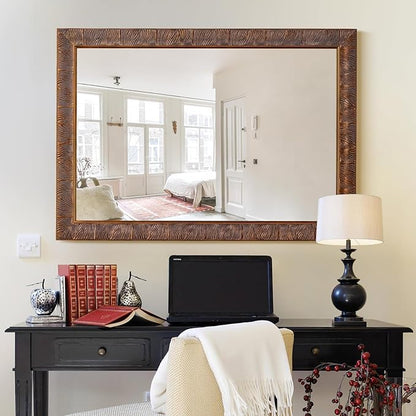 Chende Vintage Mirrors for Wall, 41'' x 29'' Bathroom Mirror with Feather Line Carving Wooden Frame, Retro Bronze Mirror for Living Room, Dining Room, Entryway