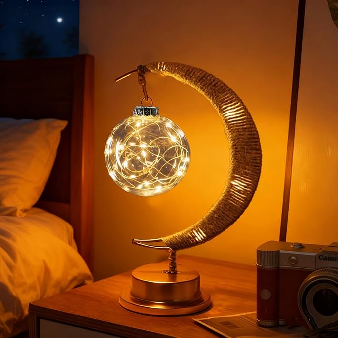 Ramadan Decorative Crescent Moon Table Night Light with Hanging Ball Battery Operated Lighting Suitable for Home Bedroom Shop Dining Holiday Party Eid Festival Lights (HGmoon-Ball)