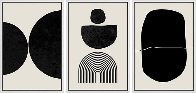 SIGNLEADER Framed Canvas Print Wall Art Set Array of Circles and Semi-Circles Abstract Shapes Illustrations Modern Art Minimalist Black and White for Living Room, Bedroom, Office - 24"x36"x3 WHITE