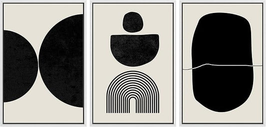 SIGNLEADER Framed Canvas Print Wall Art Set Array of Circles and Semi-Circles Abstract Shapes Illustrations Modern Art Minimalist Black and White for Living Room, Bedroom, Office - 24"x36"x3 WHITE