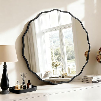 HOMECOOKIN 32" Wavy Round Wall Mirror, Black Scalloped Circle Mirror Edge Round with Metal Frame, Modern Decorative Hanging/Leaning Mirrors for Bathroom, Hotels, Hallway, Entryway, Vanity, Office