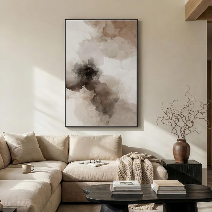 Extra Large Framed Neutral Abstract Wall Art for Living Room, Vertical Brown Beige Canvas Prints Paintings Artwork for Walls, Modern Minimalist Pictures Wall Decor for Bedroom Dining Room, 40x60 In