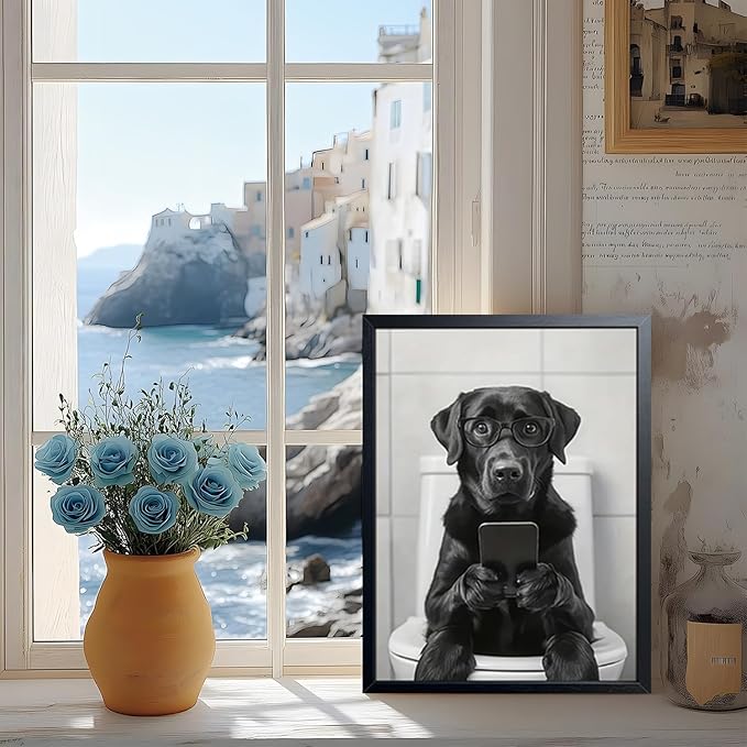Black and White Bathroom Wall Art, Funny Labrador Dog Canvas Prints Poster, Cute Animal Sitting on Toilet Looking at Phone Picture, Modern Farmhouse Restroom Bathroom Home Wall Decor 12x16 Inch Framed