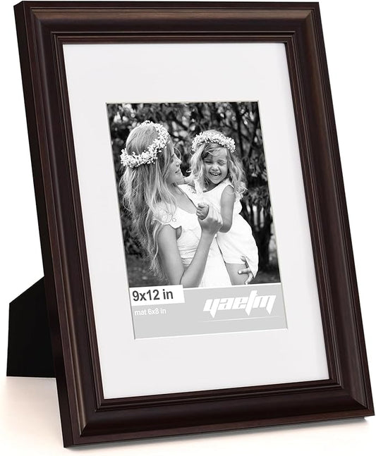 Yaetm 9x12 Picture Frame Matted to 6x8 Set of 4, 1.4” Wide Molding & Dark Brown Photo Frames 9 x 12 with Tempered Glass, Display on Tabletop & Wall Mounting (4 Pack, Brown)