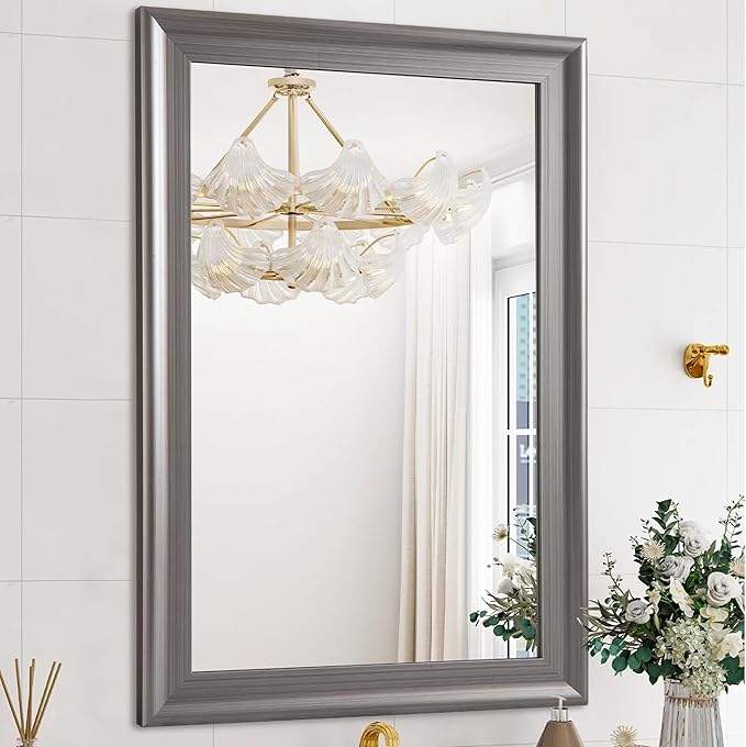 Tanmicoshomy Bathroom Mirrors for Wall 24x36 Inch, Rectangle Mirror with Brushed Silver Grey Wooden Frame for Bathroom Bedroom or Entryway