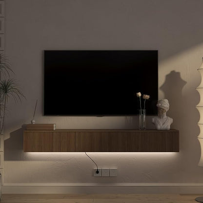 KEIKI 65" Floating TV Stand Wall Mounted with 16 Color LEDs & Power Outlets for TVs Up to 70 Inch, Wooden Media Console Entertainment Center Television Table Cabinet for Living Room, Bedroom