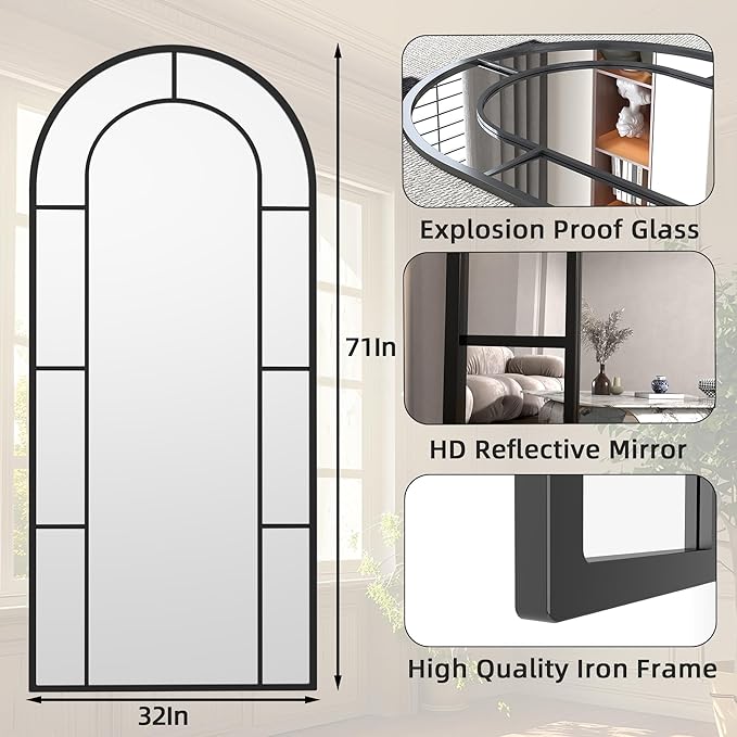 Arched Full Length Mirror, 71"x32" Mirror Full Length, Oversized Floor Length Standing Mirrors, Large Body Wall Mounted Window Pane Mirrors, Hanging or Leaning (Black)