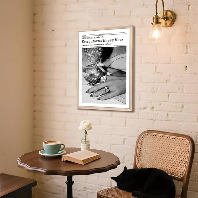 Wood Framed Newspaper Wall Art Print, Glam Sparkling Cocktail Happy Hour Poster Wall Decor, Black and White Vintage Aesthetic Canvas Picture for Bar Living Room Apartment Girls Room Decor 12x16 inch