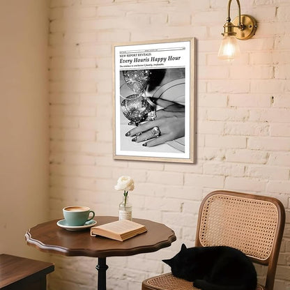 Wood Framed Newspaper Wall Art Print, Glam Sparkling Cocktail Happy Hour Poster Wall Decor, Black and White Vintage Aesthetic Canvas Picture for Bar Living Room Apartment Girls Room Decor 12x16 inch