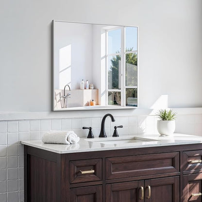 KOCUUY Silver Framed Mirror, 24"x24" Square Bathroom Mirror for Wall, HD Tempered Glass, Anti-Rust Frame, Modern Design for Bathroom, Bedroom, Living Room, Entryway