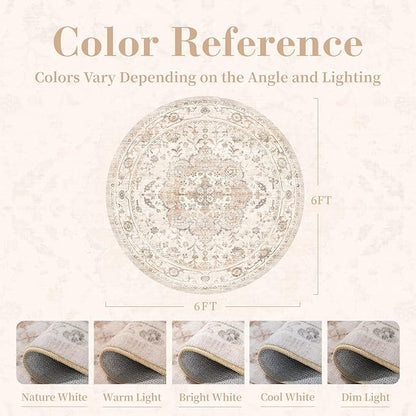 PADOOR 6FT Round Rug,Rugs for Living Room,Soft Beige Circle Rug,Machine Washable Rugs for Bedroom,Non Slip Carpet,Rug for Dining Room Living Room Bedside Office