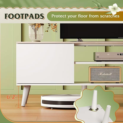 WLIVE Mid-Century Modern TV Stand for 65 70 Inch TV, Entertainment Center with Storage, Adjustable Shelves & Soft-Close, Media TV Console for Living Room/Bedroom, Greige White