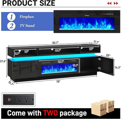 chartustriable Fireplace TV Stand for 95" TV, 83" LED Entertainment Center with 40" Fireplace & Power Outlets, High Gloss TV Stand, Gaming TV Media Console for Living Room, 83 Inch, Black