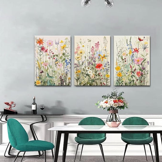 KISSFOX 3 Piece Canvas Wall Art Wildflowers Wall Decor Floral Pictures Botanical Paintings Watercolor Prints Colorful Artwork For Bedroom Bathroom Living Room