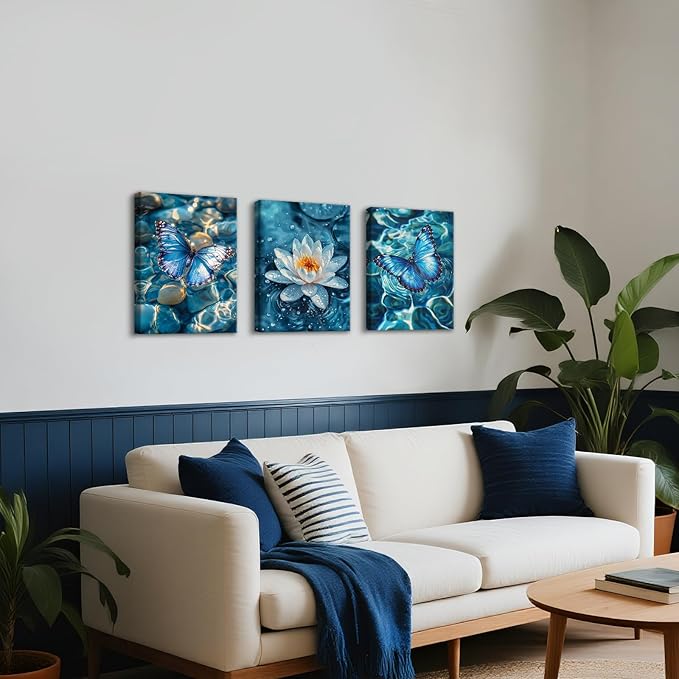 3Pcs Calm Zen Butterfly Canvas Wall Art, Blue Water Lily Pond Pictures Zen Stones White Lotus Flower Paintings Yoga Spa Spiritual Meditation Room Painting Decor Poster Art Prints for Bedroom 12"x16"x3
