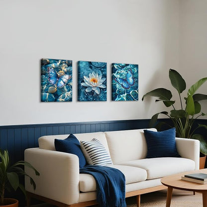 3Pcs Calm Zen Butterfly Canvas Wall Art, Blue Water Lily Pond Pictures Zen Stones White Lotus Flower Paintings Yoga Spa Spiritual Meditation Room Painting Decor Poster Art Prints for Bedroom 12"x16"x3