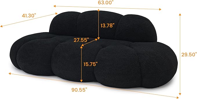 Modern Curved Sofa, 3 Seater, Soft Sherpa Upholstered Sofa, Minimalist Style Comfy Cloud Couch for Living Room Apartment, Black