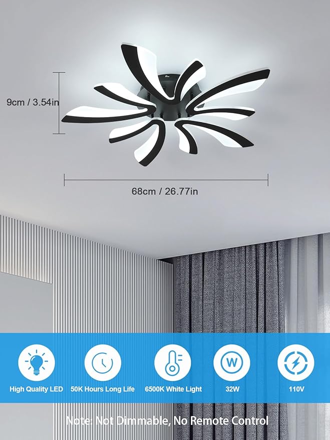 Goeco Modern Ceiling Light, 27.5'' LED Black Acrylic V-Shaped Flush Mount Ceiling Lights, 6500K Ceiling Light Fixture for Living Room, Dining Room, Bedroom, Kitchen