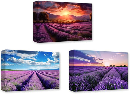 CCWACPP Lavender Canvas Wall Art 3 Panels Purple Lavender Floral Fields Sunset Pictures Large Landscape Living Room Decor Frame (11x14inchx3Pcs)