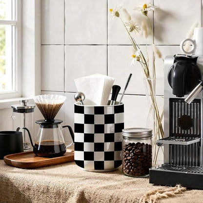 Checkered Utensil Holder,Ceramic Spatula Holder,Countertop Ceramic Utensil Holder,Large Cooking Utensil Crocks for Kitchen Counter Decor, Vase for Kitchen Utensils, H6.3 xD4.7(Black or white)