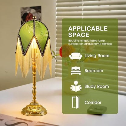 WELAISA- Vintage Table Lamp with Beaded Tassels, Metal Base Farmhouse Decorative Table Lamp for Reading-B