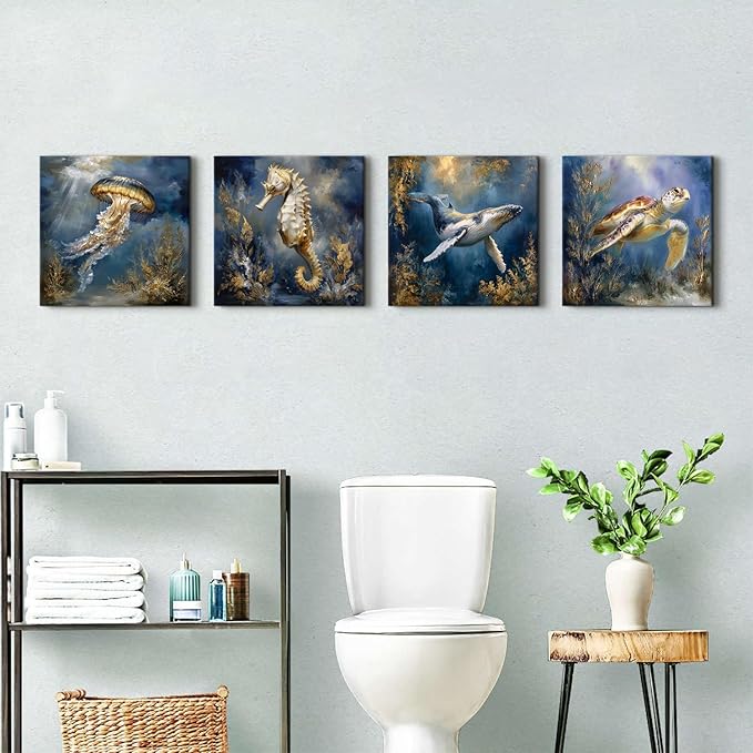 Ocean Animals Wall Art Sea Turtle Whale Seahorse Jellyfish Pictures Beach Coastal Room Decor Nautical Paintings Canvas Prints for Bathroom Under Sea World Posters Artwork Decoration 12x12” 4Pcs