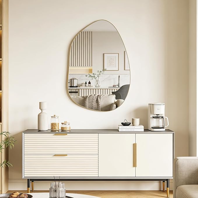 Irregular Wall Mirror Asymmetrical Mirror, Gold Mirror for Bathroom Living Room Entryway Bedroom, Decorative Modern Mirror, Tempered Glass, Shatterproof, Hangs Horizontally or Vertically (32" x 24")
