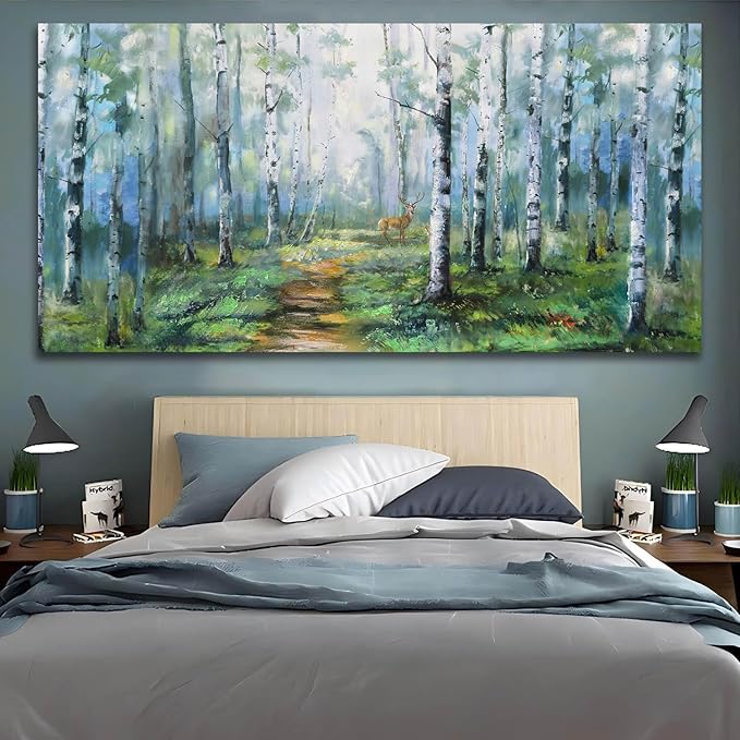Enartly Landscape Wall Art Large Living Room Bedroom Wall Decor White Birch Tree Canvas Green Forest Painting Nature Picture Scenery Artwork Textured Framed for Bathroom Home Office Decoration 40"x20"