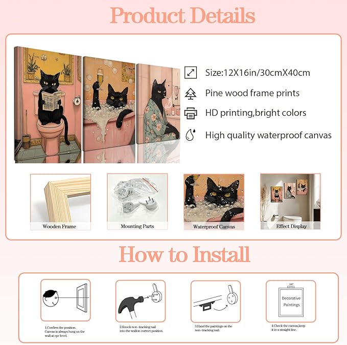 Funny Japanese Black Cat Bathroom Wall Art, Cute Japan Cat in Bathtub Wall Decor Paintings Funky Animal on Toilet Reading Newspaper Poster Canvas Prints Artwork 12x16 inch Framed