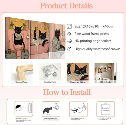 Funny Japanese Black Cat Bathroom Wall Art, Cute Japan Cat in Bathtub Wall Decor Paintings Funky Animal on Toilet Reading Newspaper Poster Canvas Prints Artwork 12x16 inch Framed