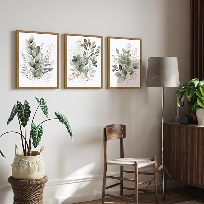 HLXRAE Watercolor Botanical Wall Art Set of 3, Neutral Sage Green Bathroom Wall Decor, Modern Floral Canvas Paintings, Minimalist Farmhouse Poster Prints for Bedroom Living Room Wood Framed 12x16 Inch